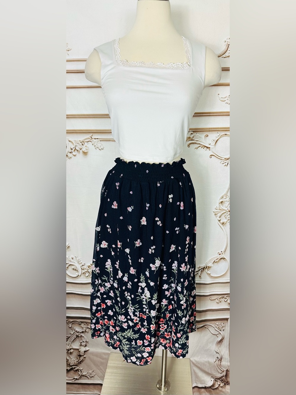 Navy Floral Smocked Waist Midi Skirt - Picture 2 of 11